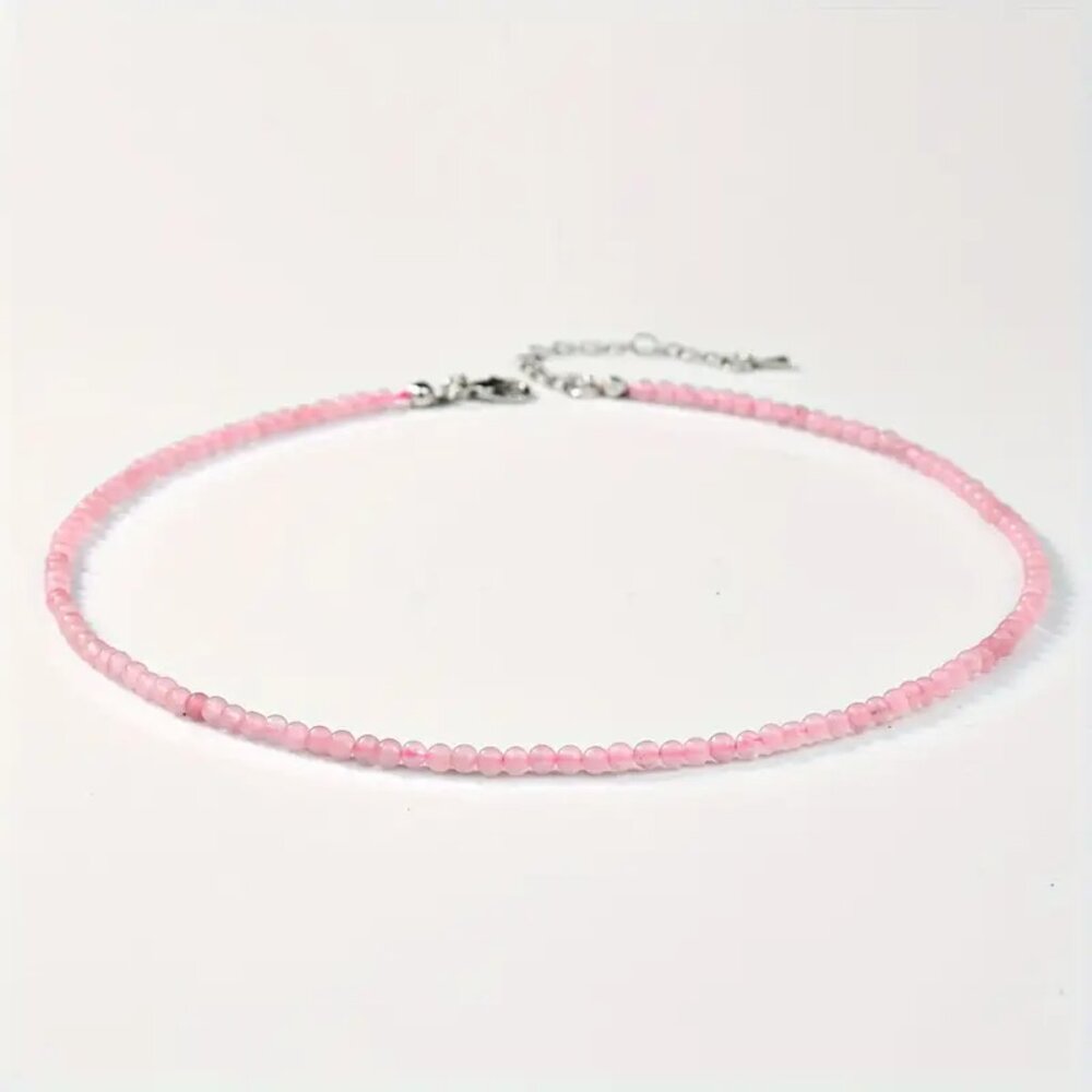 Rose Quartz Natural Stone Beaded Necklace - Very Thin Small 2mm Beads